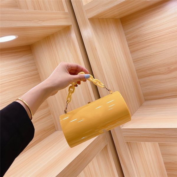 

2021 vibrant colorful acrylic jewelry bag well known design cylindrical handbag chain handle decoration dinner party style trendy lady shoul