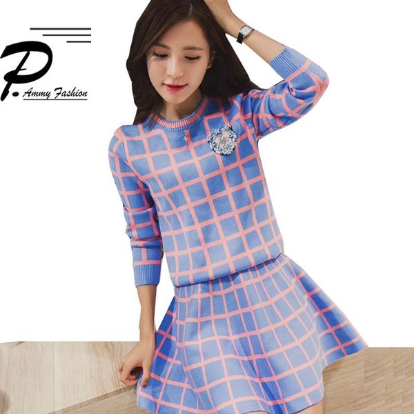 

two piece dress women's 2pcs set knit long-sleeve sweater skirt suits women sweet beads collar crochet grid crop a-line, White