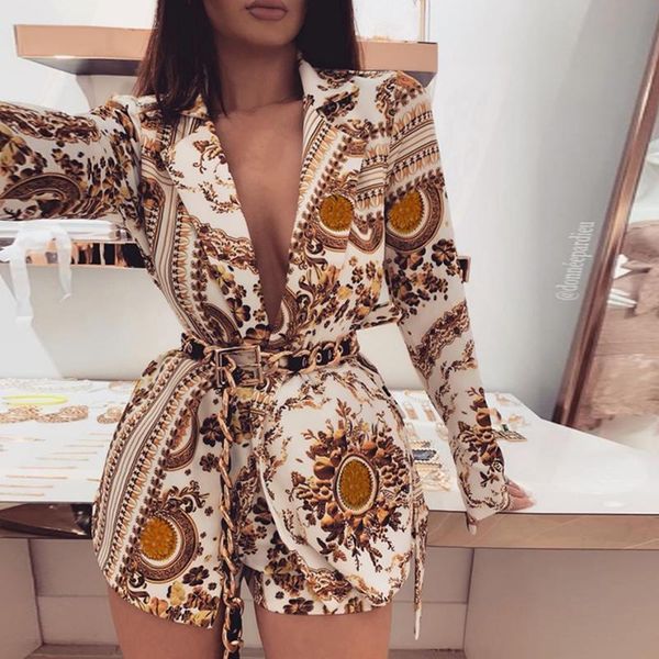 

women's jumpsuits & rompers aartiee belt paisley print female jumpsuit vintage 2 piece short playsuits 2021 autumn winter long sleeve b, Black;white