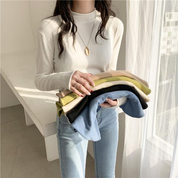 

women's sweaters 2021 autumn winter half turtleneck women pullovers korean long sleeve solid female vintage knitted basic sueter mujer, White;black