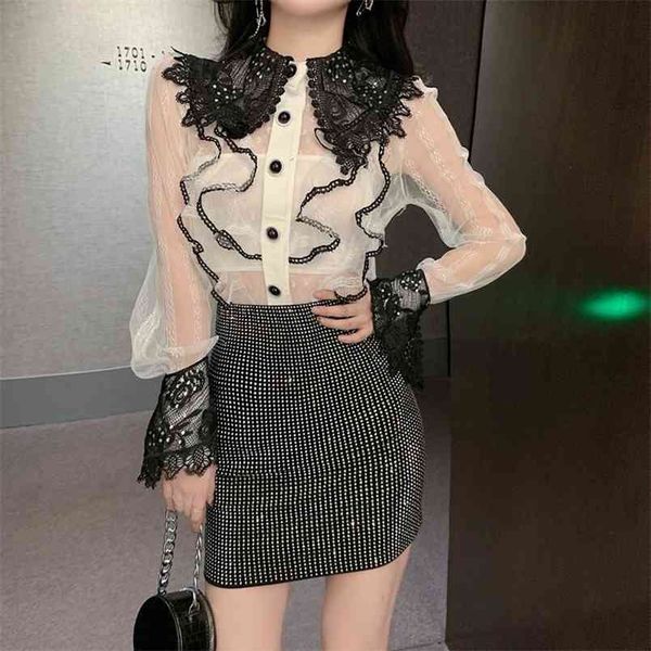 

spring fall 2 piece set women suits single-breasted ruffles long sleeve lace shirt blouse + diamond mini bodycon skirt sets 210514, White