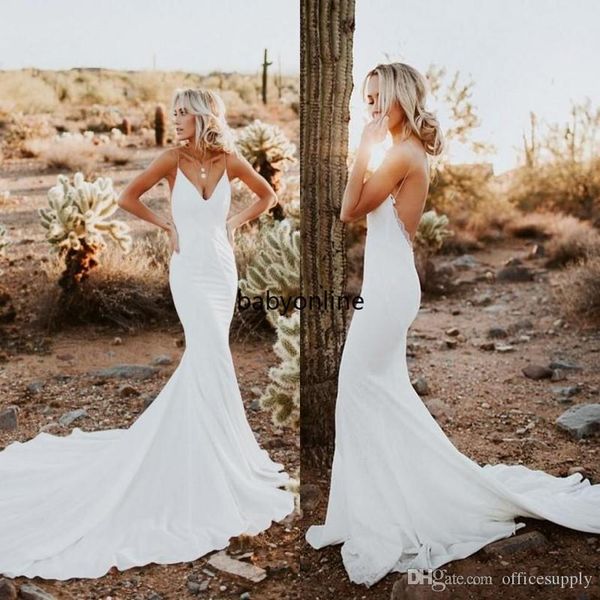 

2022 backless mermaid wedding dresses simple designed spaghetti strap appliques sweep train summer boho garden bridal gowns cheap, White