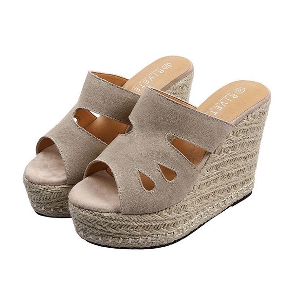 

summer sandals women high heel platform straw open toe wedges slides, Black