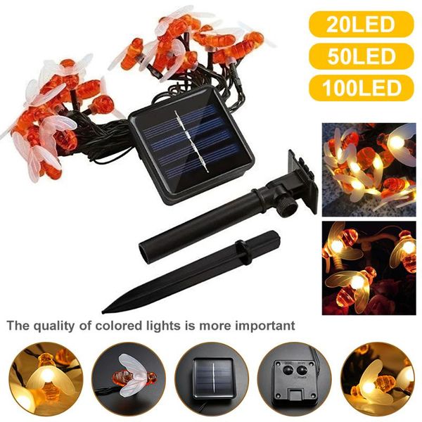 

solar lamps 20/50/100 leds powered cute honey bee led string fairy light outdoor garden fence patio christmas garland lights