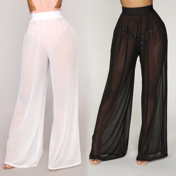 

women's pants & capris womens beach mesh long pant bikini cover ups 2021 summer transparent swimwear wide leg trousers plus size s-2xl, Black;white