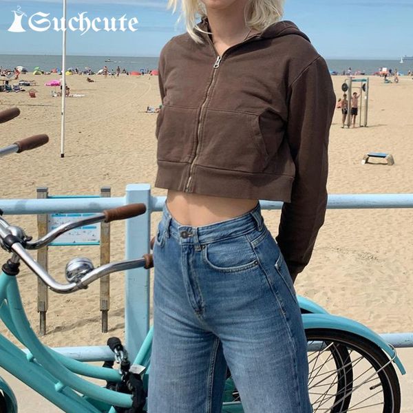 

women's hoodies & sweatshirts autumn fashion women cropped 90s longslive female streetwear brown aesthetics zip up harajuku 4mkc, Black