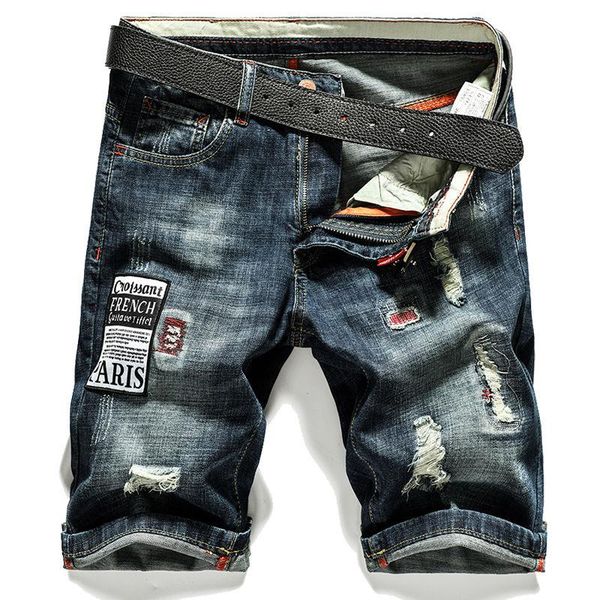 

men's jeans denim shorts mens ripped tide five-point pants stretch slim fit small feet summer embroidered stacked skinny, Blue
