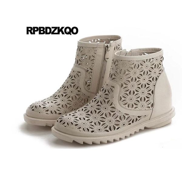 

boots beige autumn elevator side zip ankle round toe booties flat summer women genuine leather cut out handmade sandals shoes, Black