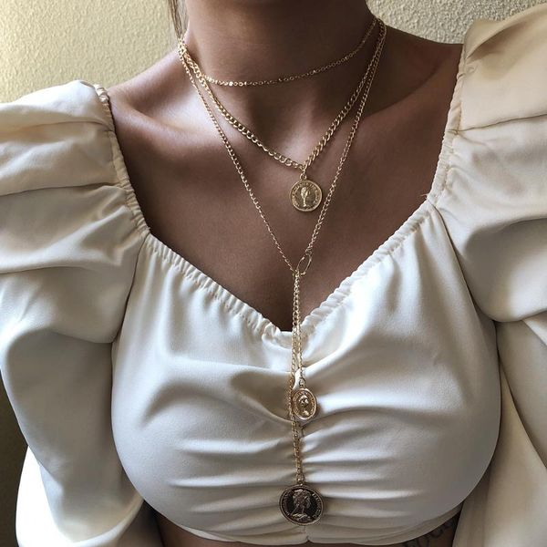 

pendant necklaces phyanic trendy multi layered portrait coin choker necklace for women punk long chain personality jewelry, Silver