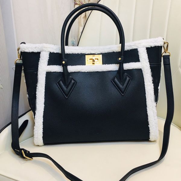 

wool tote bag women fleece patchwork handbag calf genuine leather large capacity shopping bags crossbody purse adjustable removable shoulder
