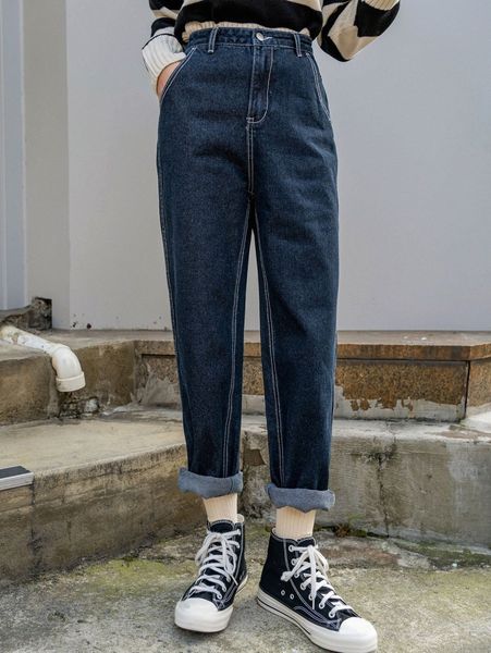 

dazy high waist stitching mom jeans d6kq#, Blue