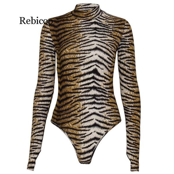 

women's jumpsuits & rompers long sleeve tiger animal print bodysuits women bodycon turtleneck cotton autumn winter body ladies 2021 fas, Black;white