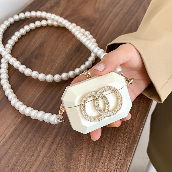 

evening bags brand designer pearl chain acrylick crossbody bag for women mini handbag hanging neck ladies earphone/keys chest pack