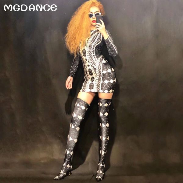 

casual dresses women 3d printed stage nightclub costume short dress sparkling rhinestones crystal celebrate party singer wear, Black;gray