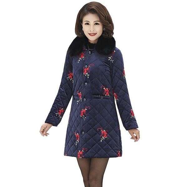 

women's trench coats winter women parka gold velvet jacket warm thick middle-aged cotton-padded female fur collar print outwear plus si, Tan;black