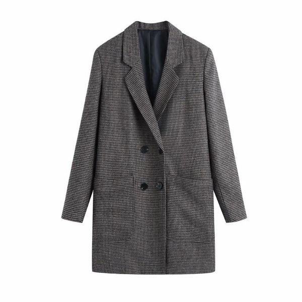 

women's wool & blends 2021 fall winter women coat houndstooth double breasted pockets casual windbreaker woman jackets outfits, Black