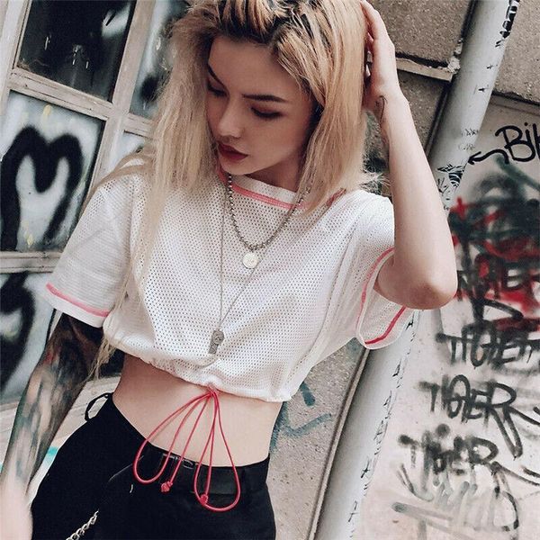 

women's t-shirt retro women girls mesh sheer crop short sleeve transparent pullover tee clothes, White