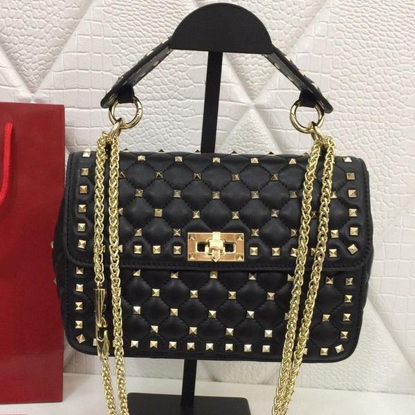 

women shoulder bag handbag genuine leather purse oil wax sheepskin rhombic embroidery riveting detachable handle lady bag