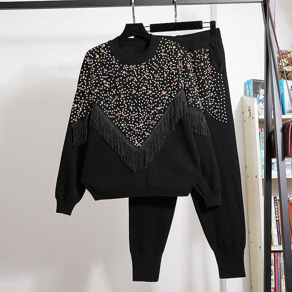 

women's two piece pants black gray knitted outfits women tracksuits fashion loose beading tassel long sleeve sweater pencil set female, White