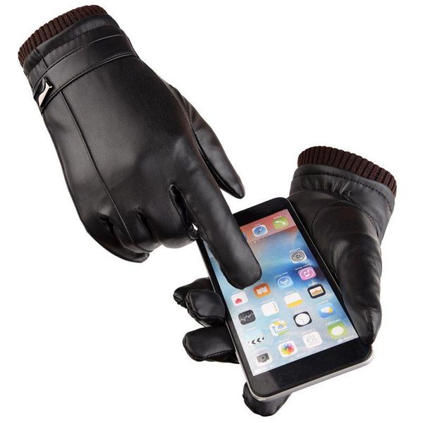 

cycling gloves imitation leather pu winter touch screen windproof thickening glove hiking cold-proof wear-resistant sports, Black