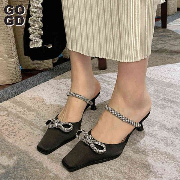

sandals [gogd] 2022 glitter rhinestones women pumps crystal bow satin summer lady shoes real leather high heels party prom 220121, Black