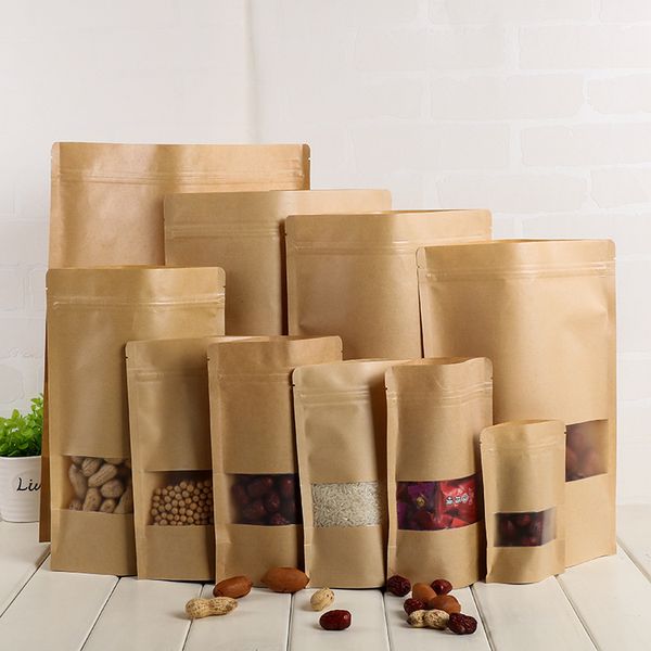 

9*14cm brown kraft bags with window small zip lock smell proof stand up pouch for tea coffee snacks in bulk