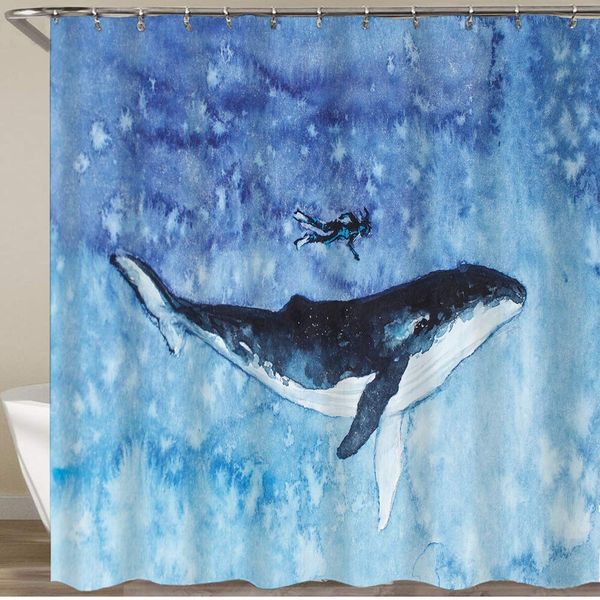 

shower curtain set with 12 hooks,illustration with watercolor drawing of a scuba diver and a whale,decorative bath curtain