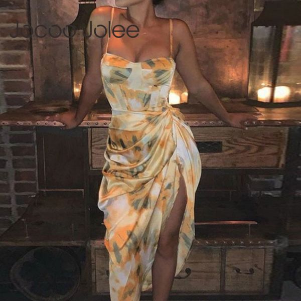

elegant sleeveless spaghetti strap high waist split maxi dress print ruched stain midi club night evening party 210428, Black;gray