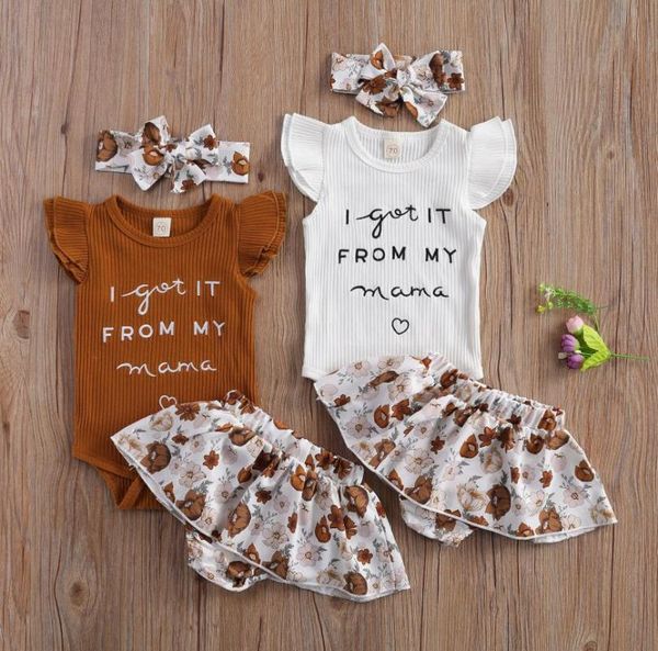 

clothing sets baby girl 3pcs romper set letter printed short sleeve triangle knitted bodysuit skirt headband baby's, White