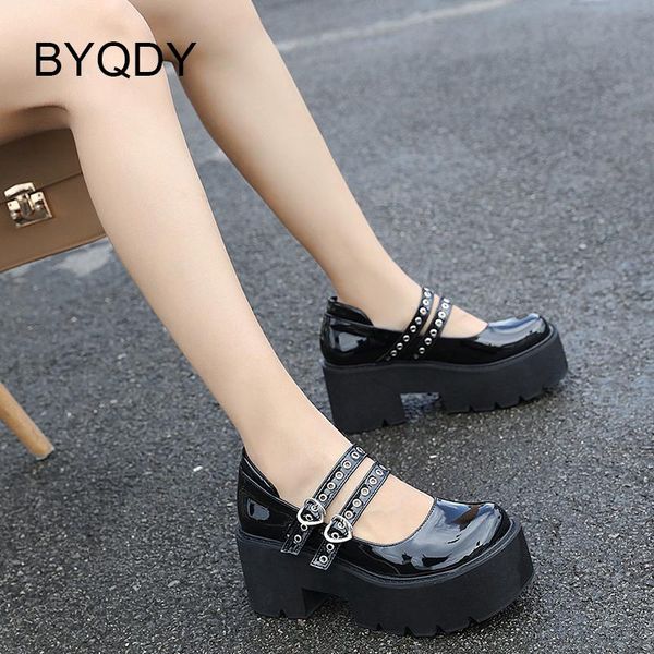 

dress shoes byqdy brand design heart buckle strap women chunky heel soft leather silver cosplay pumps for party mary janes quality, Black