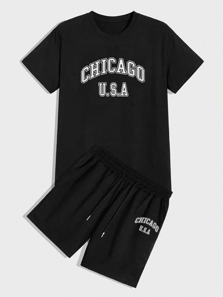 

extended sizes men letter graphic tee & drawstring waist shorts o4sa#, Gray