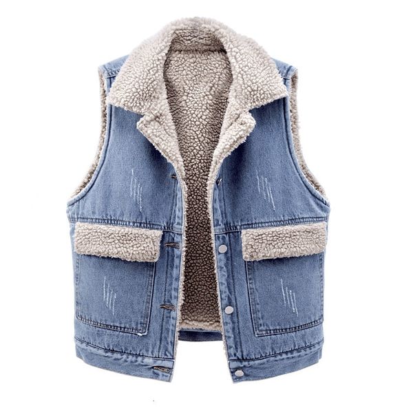 

collect autumn and korean winter loose big sleeveless pockets lambswool denim thick warm cotton jacket y1274 izw8, Black;brown