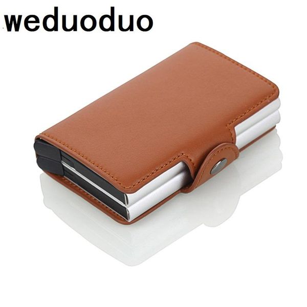 

card holders weduoduo anti-rfid holder men wome id wallet pu leather aluminum business bank case, Brown;gray