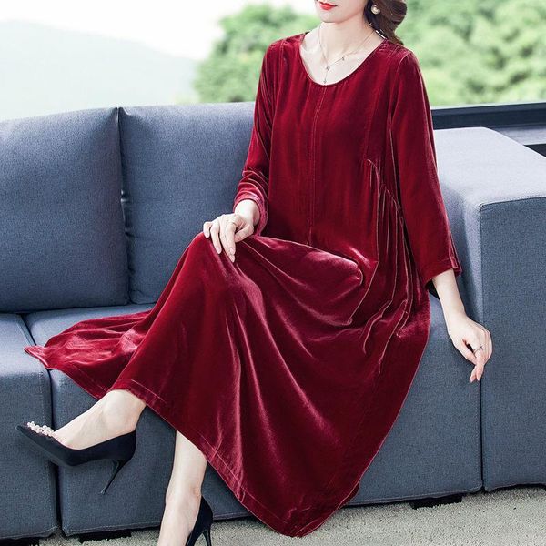 

casual dresses fashion plus size wine red gold velvet dress female autumn 2021 korean version 3/4 sleeve mid length baggy m479, Black;gray
