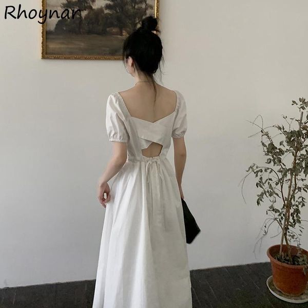 

casual dresses dress women summer elegant backless trendy french style tender romantic mid-calf waist-tight puff sleeve female vestido, Black;gray