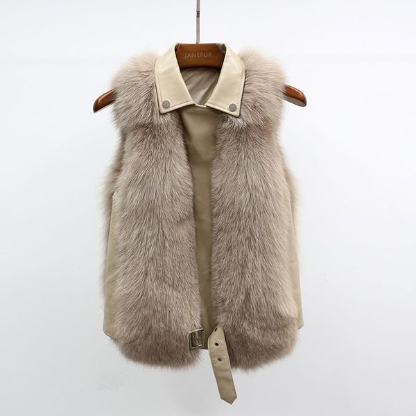 

women's fur & faux vest winter fashion waistcoat with real leather for women, Black