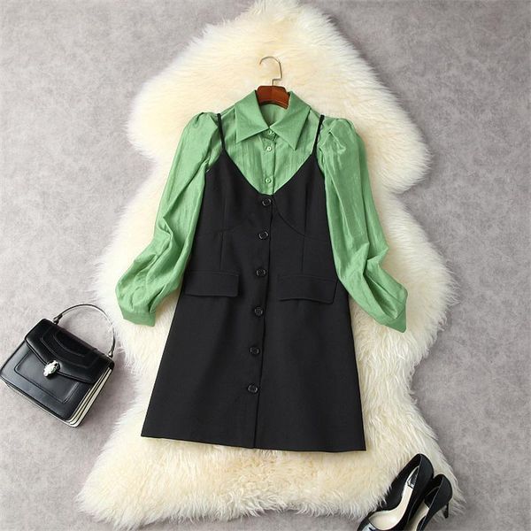 

casual dresses runway designer fashion autumn puff long sleeve shirt dress 2 piece suit women clothes elegant office lady vestidos, Black;gray