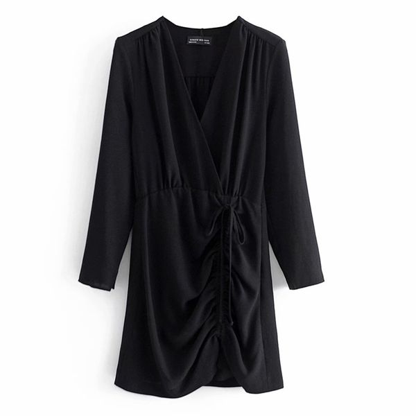 Mulheres verão vintage mini plissado vestido de lápis manga comprida v-pescoço preto laço preto feminino vestidos de rua elegante vestidos 210513