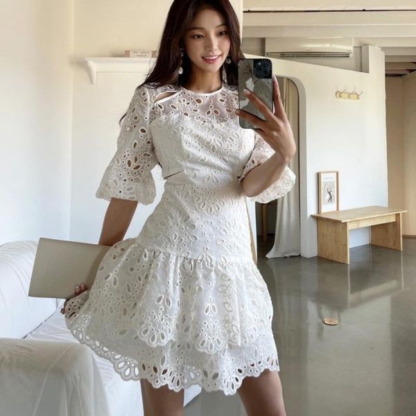 

casual dresses korean elegant hollow out mini lace summer dress women puff sleeve white beach mermaid robe femme vintage vestidos, Black;gray