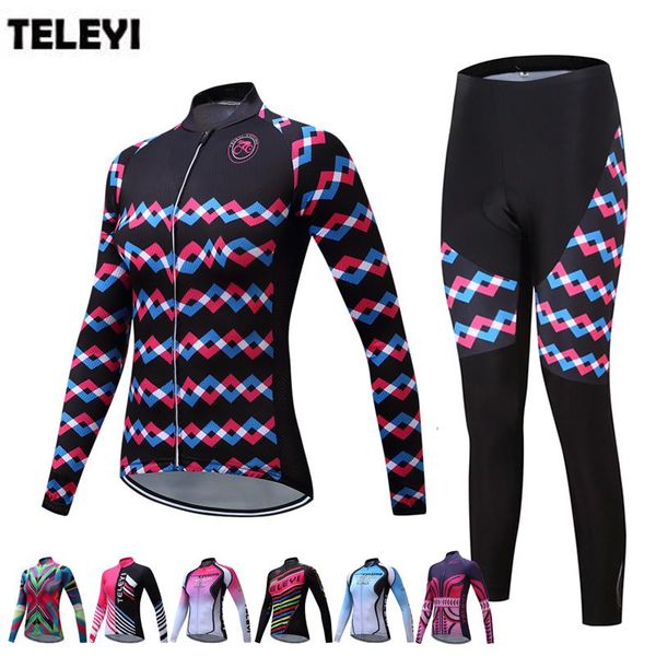 

racing sets teleyi women's team pro cycling sports clothing set ropa ciclismo bike bicycle comfortable clothes long sleeve jersey pants, Black;blue
