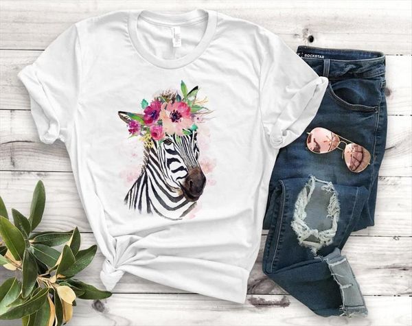 

zebra girl flower print cotton womens casual funny yong tee pm 116, White