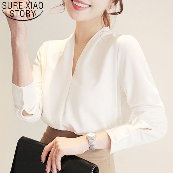 

autumn korean casual long sleeve v-neck solid elegant blouses loose women clothing chiffon 6077 50 210415, White