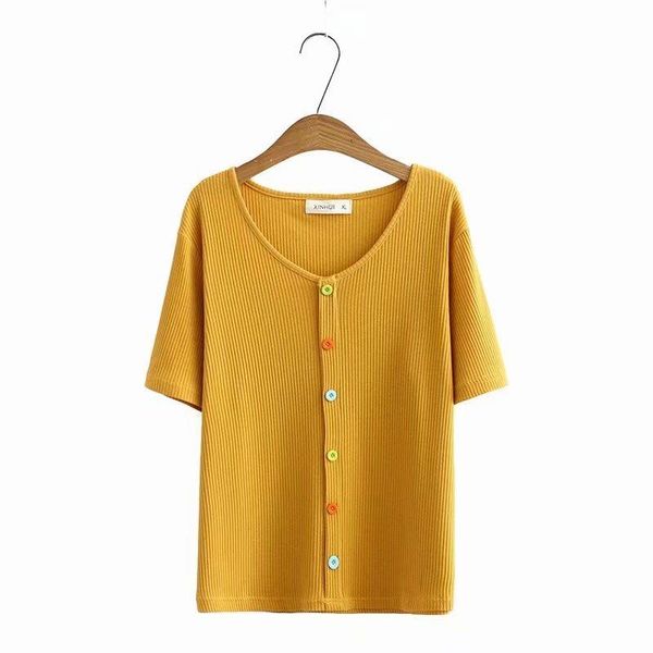 

plus size t-shirt false button knitted summer women casual short sleeve vintage shirts oversized a-line tee, Black