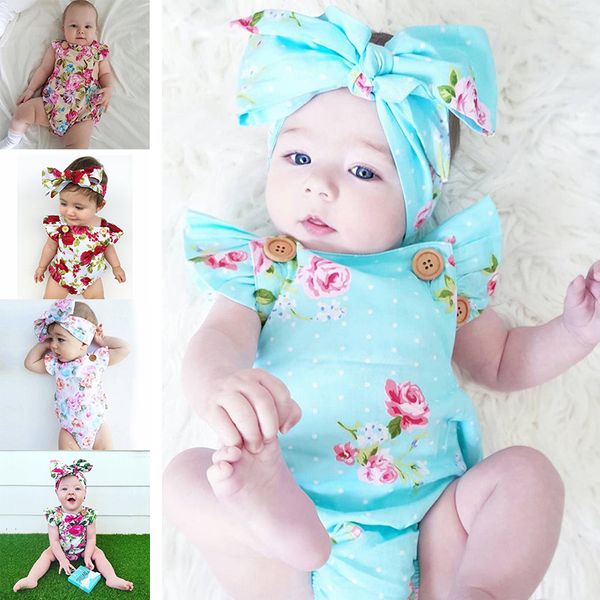 Infantil bebê algodão floral impresso romper macacões com borboleta arco headbands recém-nascido criança crianças 2 pcs bodysuit menina roupas 585 y2