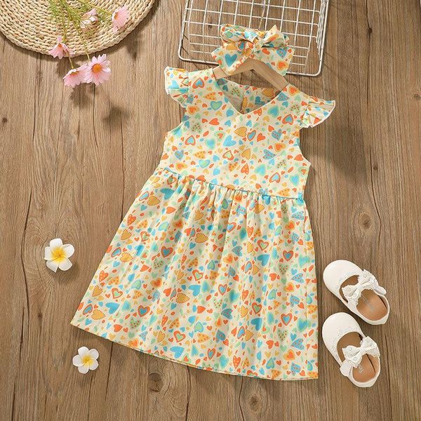 

summer 2021 girls dress sleeveless o neck print floral bodycon cute style vestidos 18m-6t girl's dresses, Red;yellow