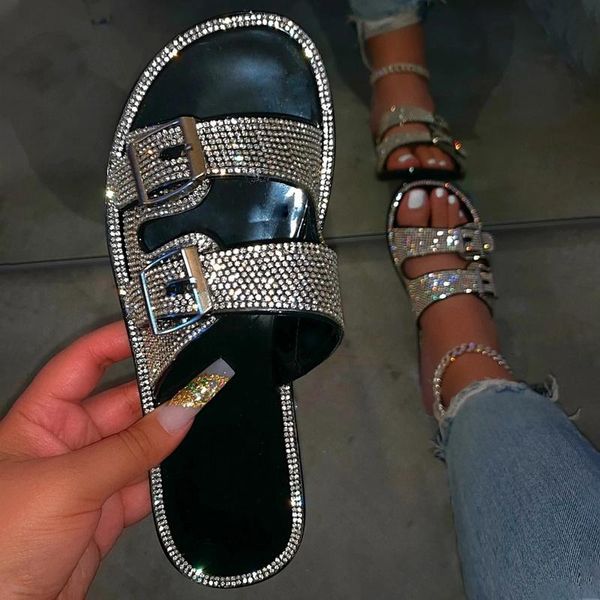 

women slippers summer sandals flats shoes 2021 new ladies shoes beach home pu casual fashion rhinestone comfort women slippers, Black