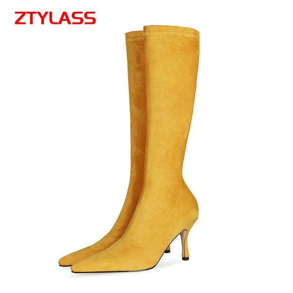 

boots women suede stiletto knee high fashion slip on mid-tube elastic autumn winter pointed toe shoes woman plus size, Black