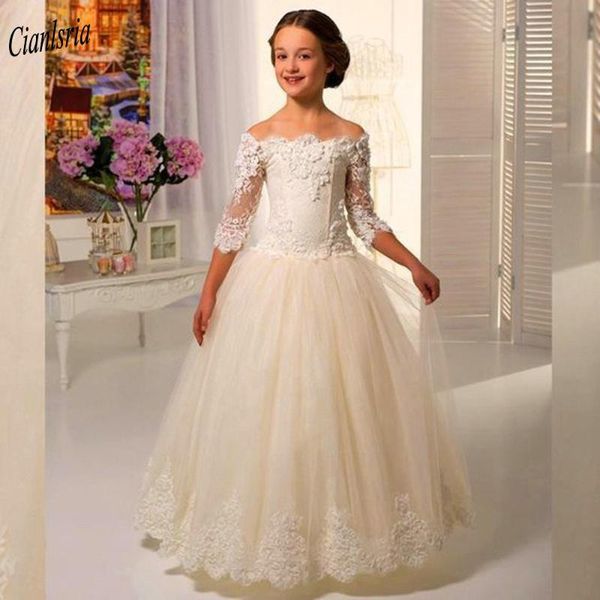 

girl's dresses elegant half sleeve off the shoulder a-line flower girl boat neck appliques lace princess birthday party dress, Red;yellow
