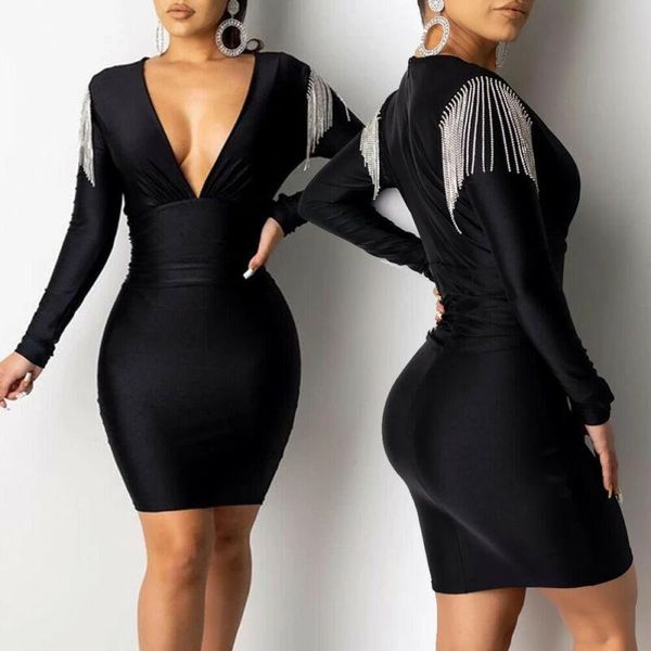 

elegant women long sleeve bodycon deep v-neck dress chain tassel high waist evening party short mini vestidos casual dresses, Black;gray