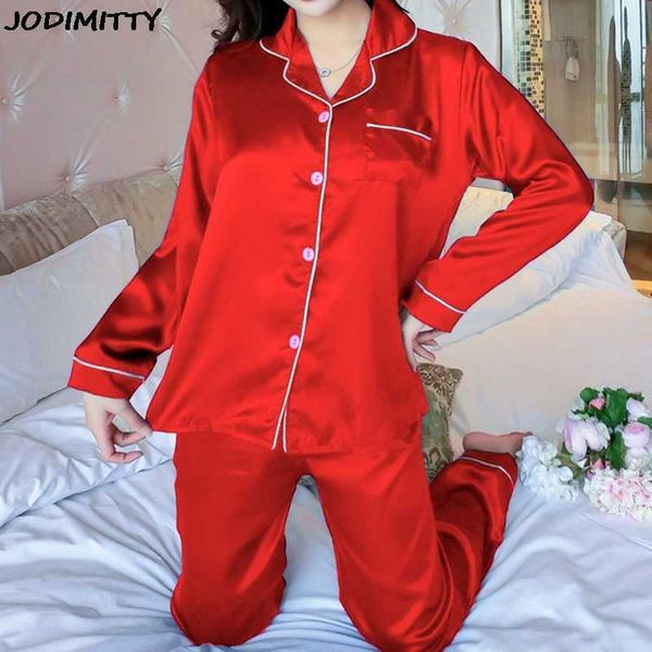 2 pcs pijamas conjuntos mulheres lapela imitação de seda manga comprida casa desgaste senhoras mujer sensual cetim tops + calças camisola sleepwear sleepwear q0706